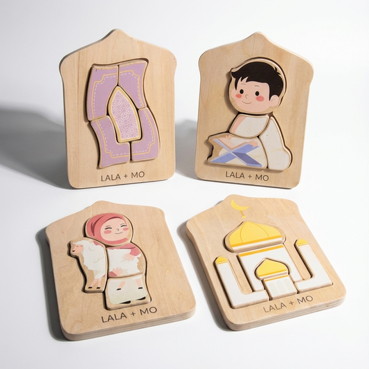 Puzzles islamiques Montessori en bois – Lot de 4 pour éveil et motricité fine
